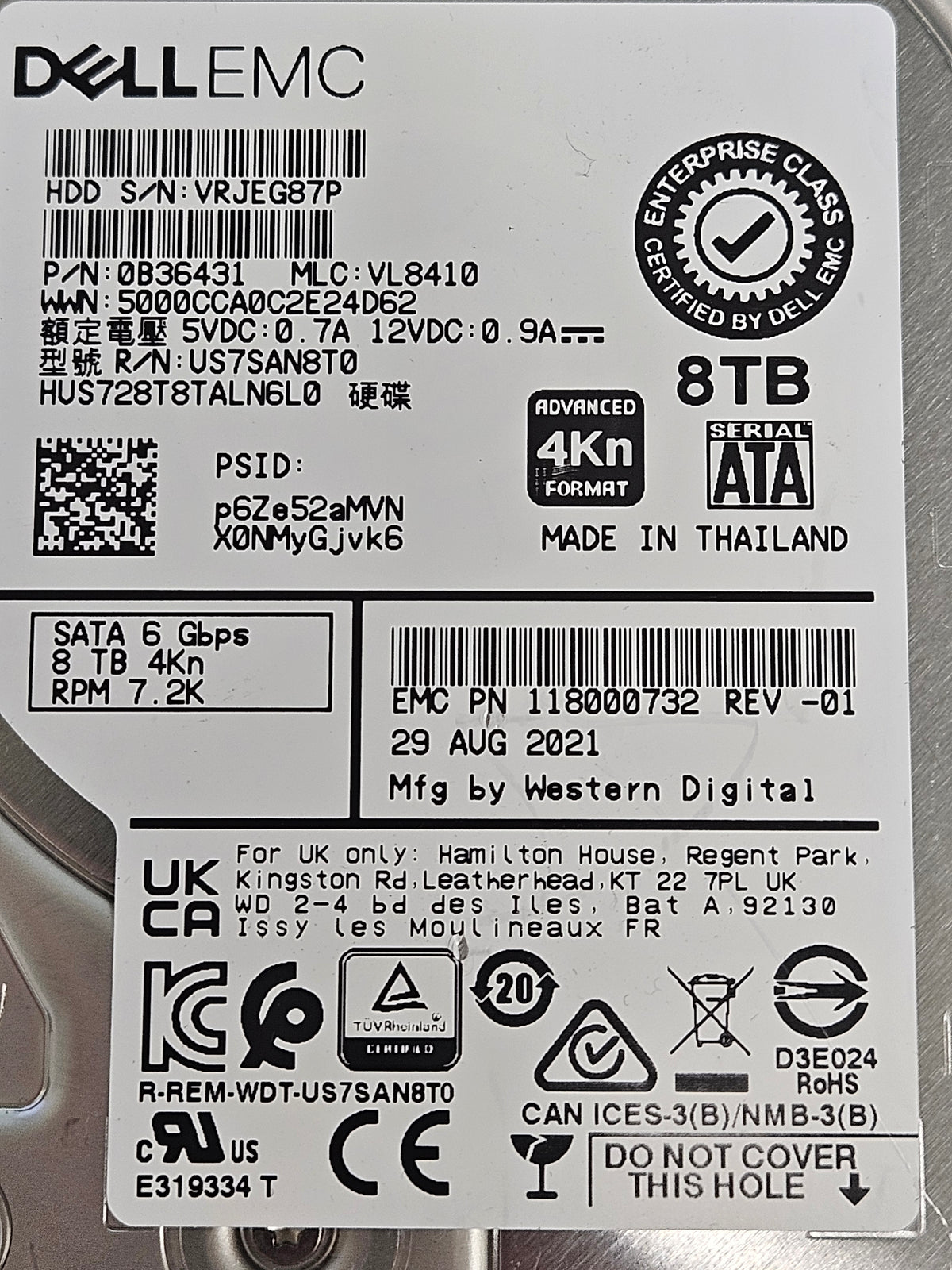 Dell EMC 8TB SATA 4Kn 3.5" Enterprise HDD HUS728T8TALN8T0